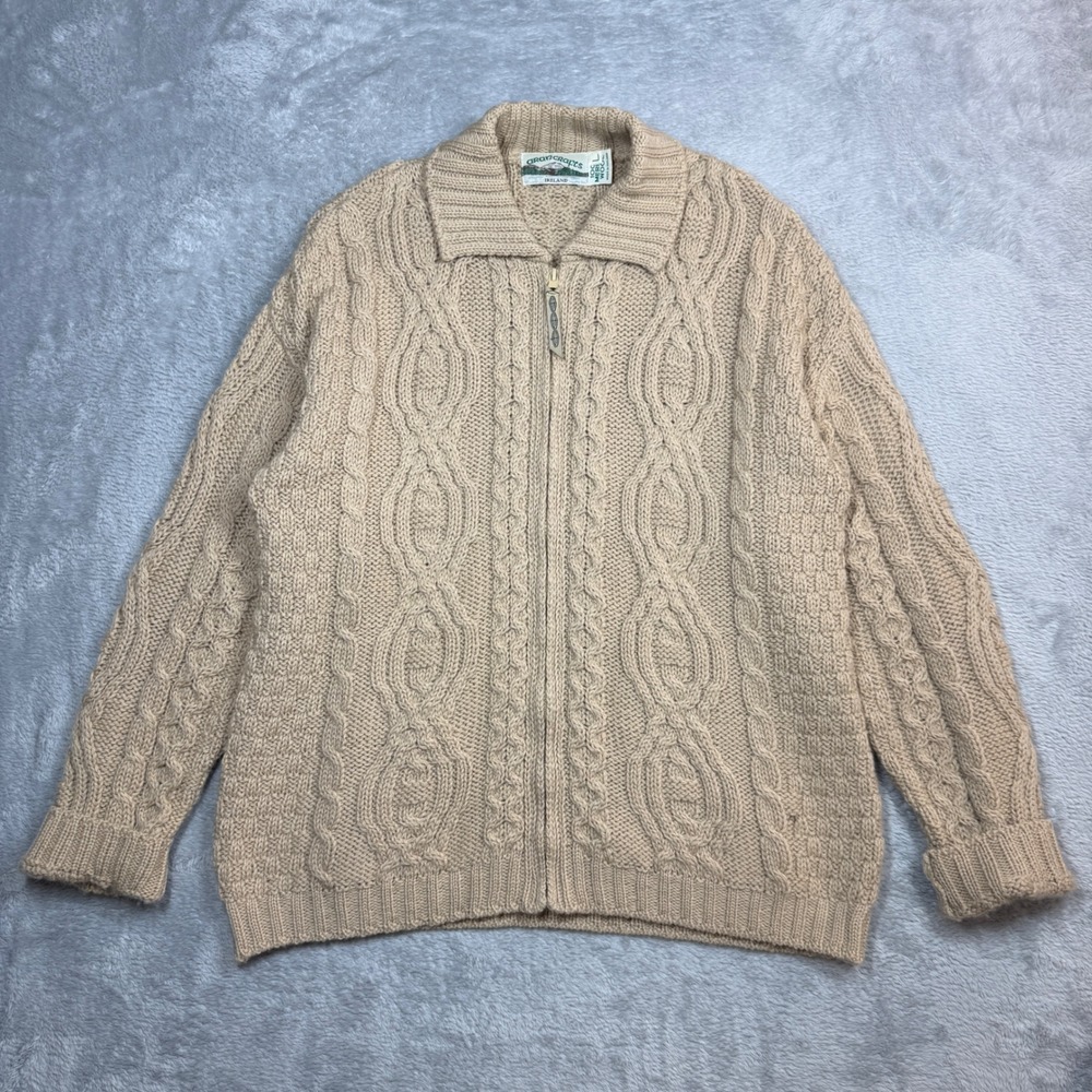 Vintage Aran Crafts Full Zip Sweater Mens L Tan Cable Knit Merino Wool 90s